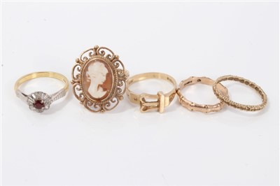 Lot 3435 - Gold (18ct) ruby ring, gold (9ct) cameo ring, gold (9ct) buckle ring and two other rings