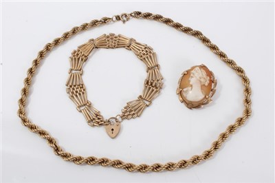 Lot 3441 - Gold (9ct) rope twist chain, gold (9ct) gate bracelet and gold (9ct) mounted cameo brooch