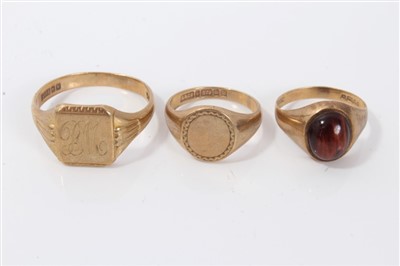 Lot 3442 - Two gold (9ct) signed rings and a gold (9ct) tigers eye ring (3)