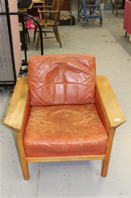 Lot 3821 - 1970s armchair with ash arms and legs upholstered in orange leather fabric