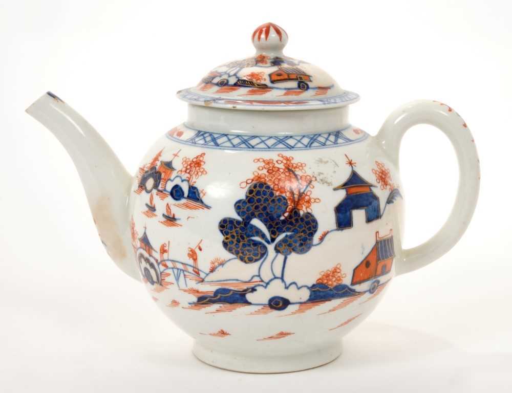 Lot 149 - 18th century Lowestoft Redgrave pattern teapot and cover, Imari palette Chinese landscape decoration