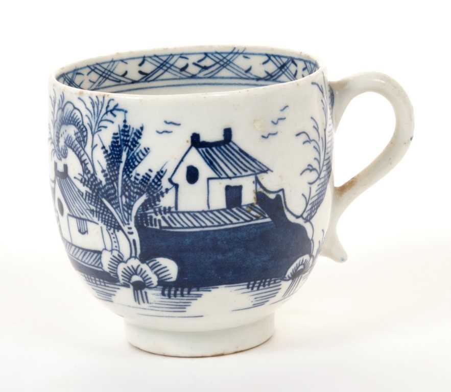 Lot 153 - 18th century Lowestoft blue and white coffee cup,  ‘dolls’ house’ pattern decoration, scroll handle