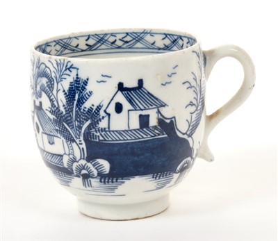 Lot 153 - 18th century Lowestoft blue and white coffee cup,  ‘dolls’ house’ pattern decoration, scroll handle