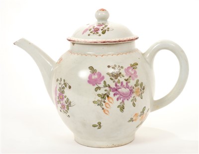 Lot 156 - 18th century Lowestoft teapot and cover with painted polychrome floral spray decoration