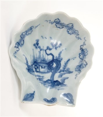 Lot 161 - Rare 18th century Limehouse shell-shaped blue and white pickle dish, circa 1746 – 1748, 9cm x 8.4cm