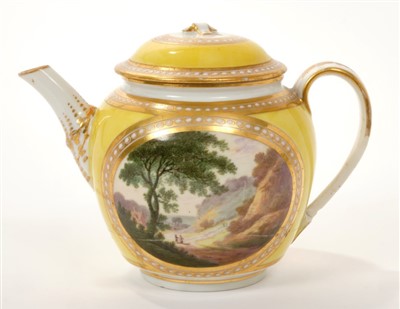 Lot 169 - 18th century Derby yellow ground teapot and cover with painted landscape reserves, entitled on base ‘View of Inglesby & Foremark both in Derbyshire’, within gilt borders, 16cm