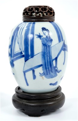 Lot 249 - 17th century Chinese Kangxi blue and white ovoid vase, 13.2cm, pierced hardwood cover and stand