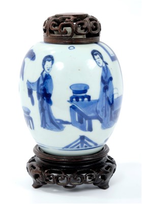 Lot 248 - 17th century Chinese Kangxi blue and white ovoid vase, 11.1cm, pierced hardwood cover and stand