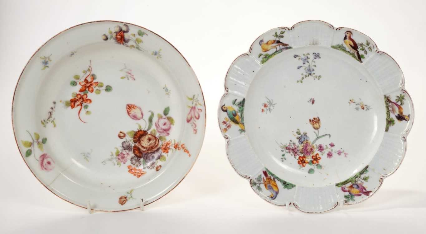 Lot 170 - Mid-18th century Chelsea silver shape plate and another with polychrome floral spray decoration