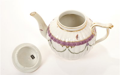 Lot 172 - 18th century Chelsea Derby fluted teapot and cover with puce bands with gilt and green leaf swags
