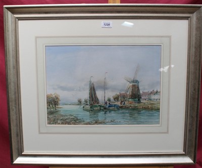 Lot 1371 - Good large signed watercolour depicting barges in river with figures and horses