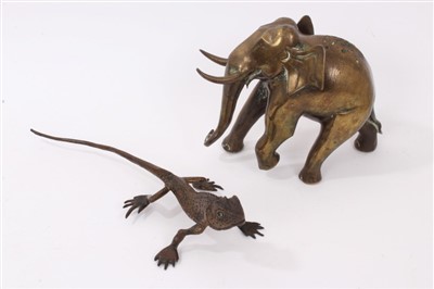 Lot 1063 - Indian bronze elephant and bronze large lizard