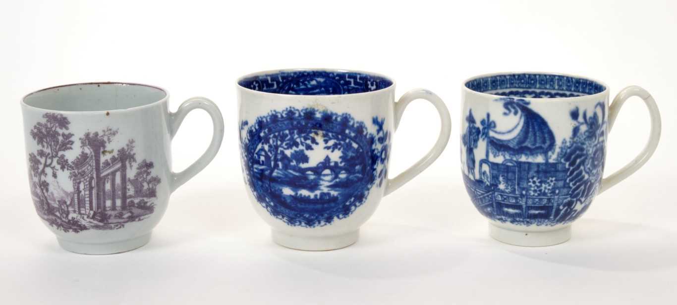 Lot 178 - 18th century Worcester coffee cup,  Hancock puce printed decoration, 5.6cm and two other coffee cups