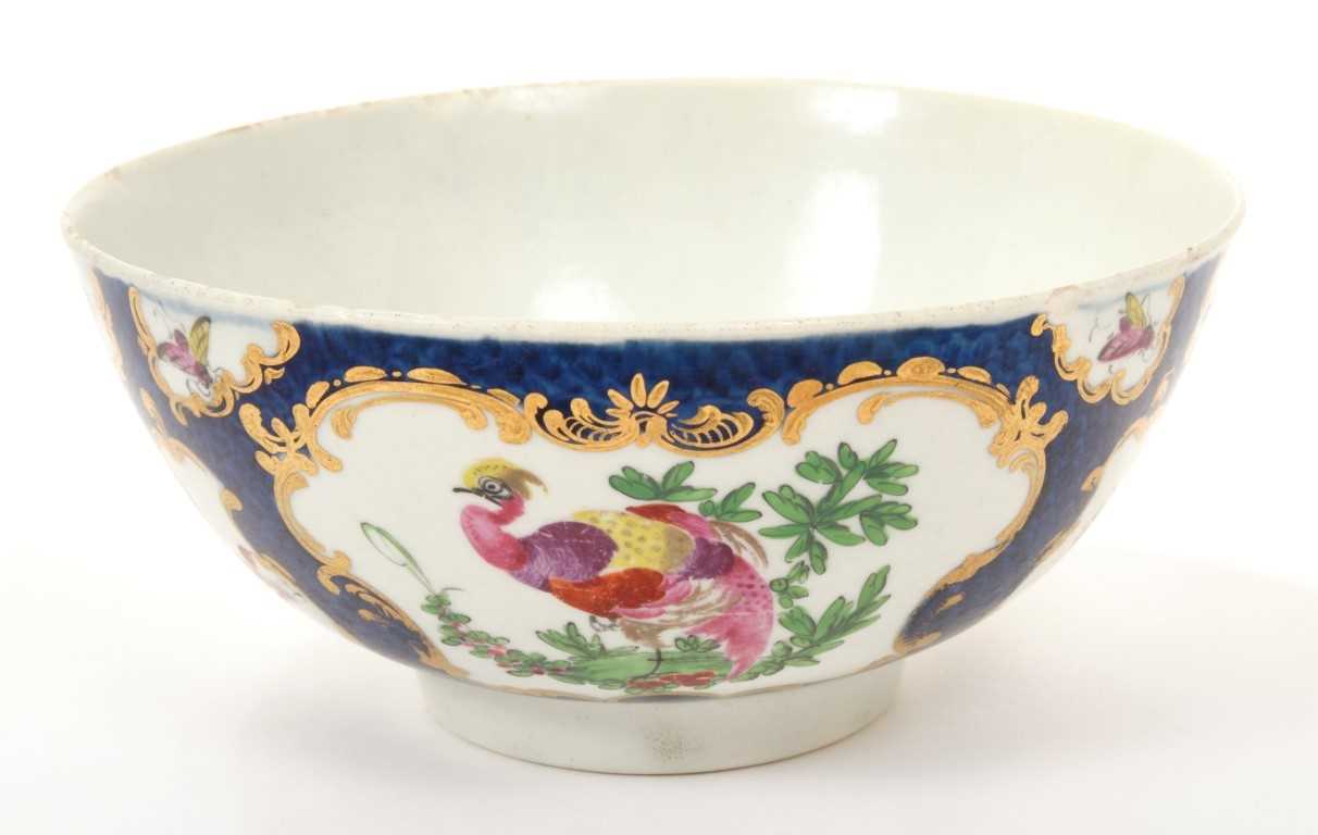 Lot 181 - 18th century Worcester bowl with polychrome exotic bird and insect reserve - blue crescent mark