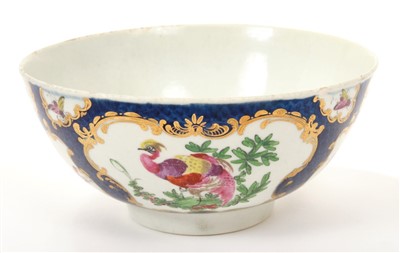 Lot 181 - 18th century Worcester bowl with polychrome exotic bird and insect reserve - blue crescent mark
