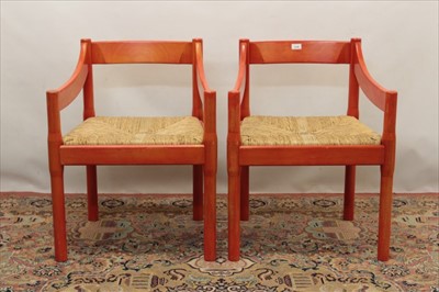 Lot 1339 - Pair of 1970s Vico Magistretti red painted carimate chairs