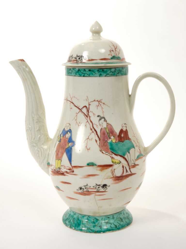 Lot 190 - 18th century Pennington Liverpool polychrome coffee pot and cover with moulded spout, c. 1765 – 1770