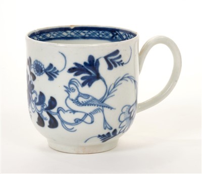 Lot 195 - 18th century Christians Liverpool blue and white coffee cup, bird and floral decoration, 5.6cm