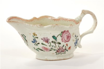 Lot 196 - 18th century Christians Liverpool polychrome cream boat, moulded body, painted floral sprays, 13.5cm