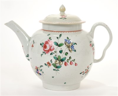 Lot 197 - 18th century Christians Liverpool polychrome teapot and cover, painted floral sprays, 20cm
