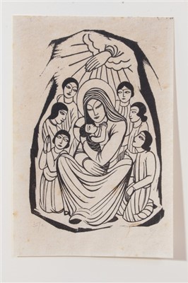 Lot 1122 - Eric Gill (1882-1940) wood engraving, Madonna and Child with children, indistinctly signed with initials, numbered 35/c(?), appears to be a variant on P341 which is described as second state, 1925,...