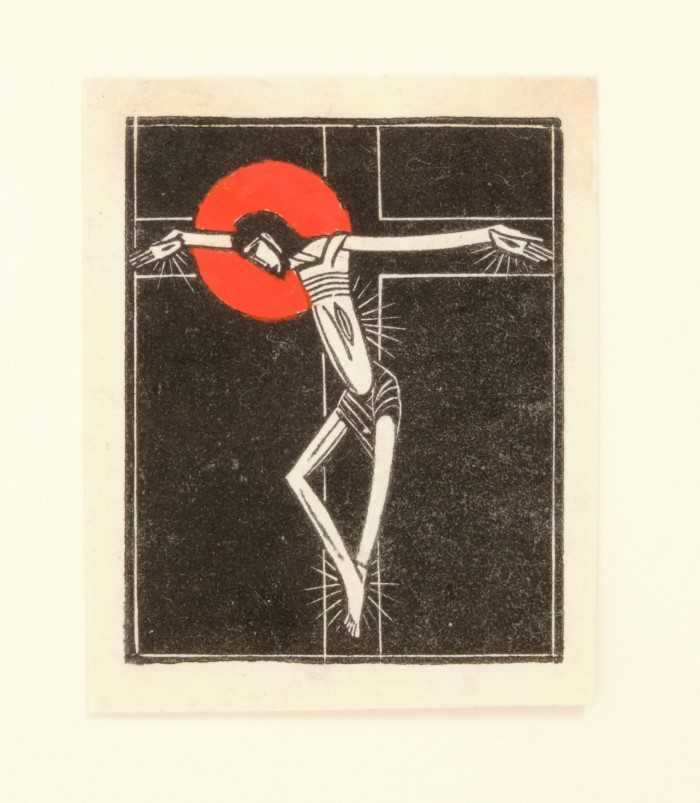 Lot 1126 - Eric Gill (1882-1940) wood engraving with colour, Crucifix: En ego,  1918 (Skelton P148),  4.4 x 3.8cm