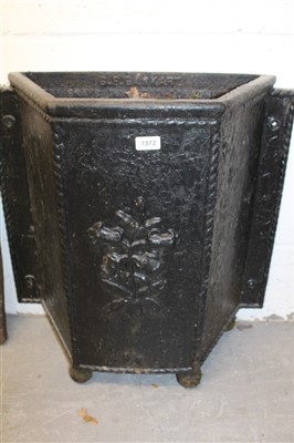 Lot 1572 - Victorian cast iron planter of trapezoidal form, black painted, maker – G. P. Bankart, Gray’s Inn Road, London, 62cm wide x 61cm high