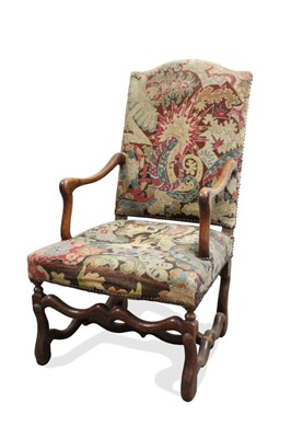 Lot 1465 - 18th century French walnut tapestry upholstered open armchair with arched tapestry upholstered back and seat on cabriole legs and wavy stretchers