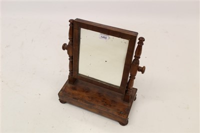 Lot 1469 - 19th century yew, fruitwood crossbanded and mahogany swing frame toilet mirror, the rectangular plate raised on turned supports, plinth base on squat bun feet, 33cm wide