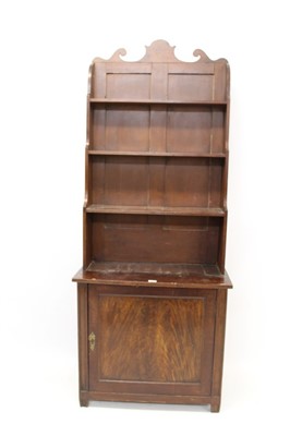 Lot 1472 - 19th century mahogany and grained waterfall bookcase with scrolling top rail and graduated open shelves, enclosed panel cupboard below, on tapering legs, alterations, 78cm wide x 38cm deep x 188cm...