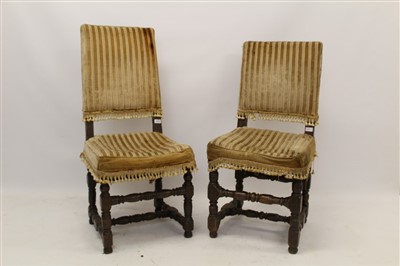 Lot 1474 - Matched pair of 17th century oak side chairs with square upholstered back and seat on turned and block understructure