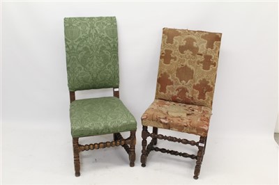 Lot 1478 - Two 17th century walnut side chairs, each with square upholstered back and seat on turned and block understructure