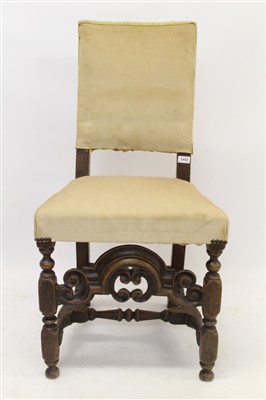 Lot 1482 - Late 17th century oak side chair with square upholstered back and seat on turned and block understructure with carved and pierced Carolean stretcher