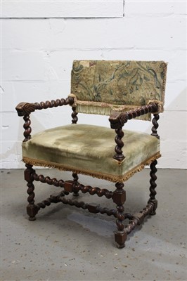 Lot 1483 - Charles II-style carved beech open armchair with 17th century tapestry panel back and barley-twist arms with lion mask terminals on barley-twist understructure