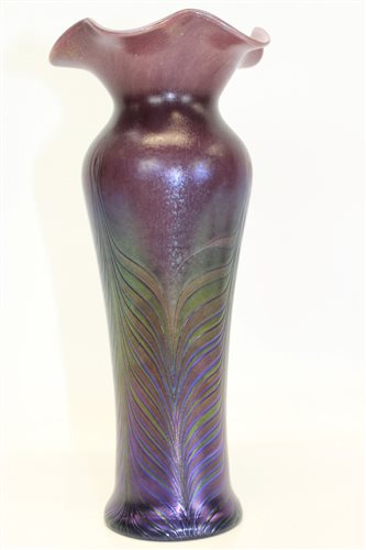 Lot 2036 - Loetz-style purple iridescent glass vase with...