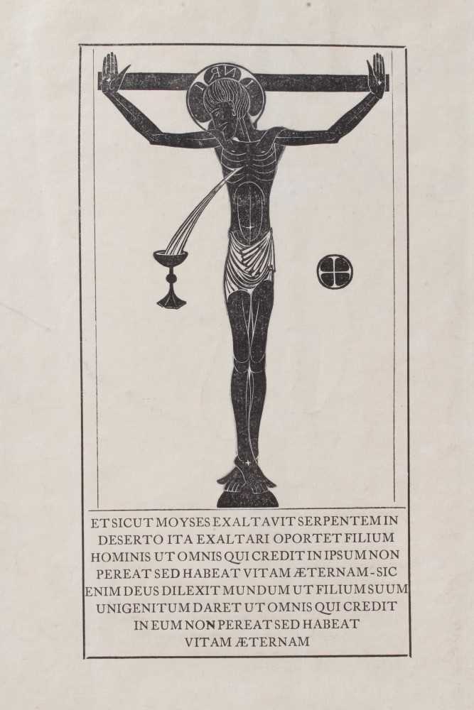 Lot 1540 - Eric Gill (1882-1940) wood engraving, Crucifix, Chalice and Host, 1915 (Skelton P45) with Latin text, image 17 x 9cm