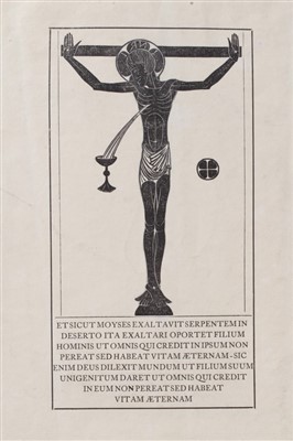 Lot 1540 - Eric Gill (1882-1940) wood engraving, Crucifix, Chalice and Host, 1915 (Skelton P45) with Latin text, image 17 x 9cm