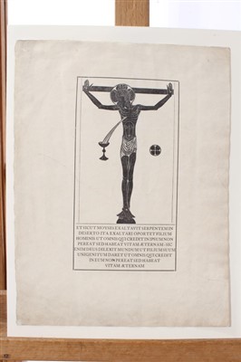 Lot 1540 - Eric Gill (1882-1940) wood engraving, Crucifix, Chalice and Host, 1915 (Skelton P45) with Latin text, image 17 x 9cm