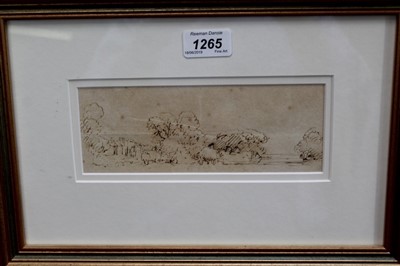 Lot 1265 - Peter De Wint (1784-1849) pen and ink - landscape with hay carts and trees, in glazed gilt frame. 7.5cm x 20cm