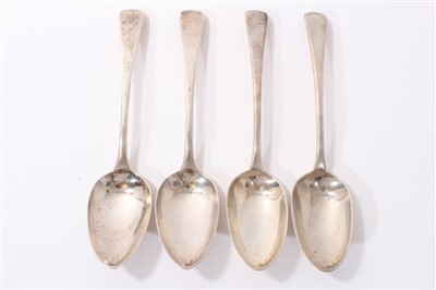 Lot 359 - Pair George III Old English pattern serving spoons, another pair, William Eley, Fearn & Chawner