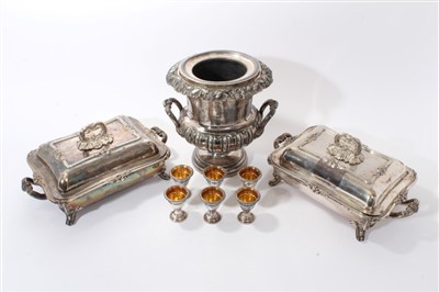 Lot 345 - Pair Sheffield plated entrée dishes on scroll feet, wine cooler and six egg cups