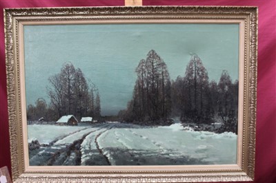 Lot 1281 - Wiktor Korecki (1890-1980) oil on canvas - snow covered wooded landscape, signed, in gilt frame, 60cm x 90cm