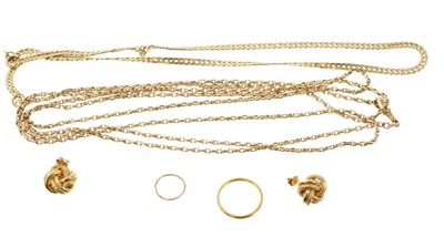 Lot 690 - Gold guard chain, one other necklace, two rings and a pair of knot earrings