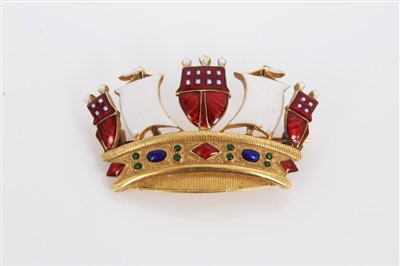 Lot 111 - Late Victorian gold and enamel mural crown brooch with fine enamelled jewelled decoration, 35mm