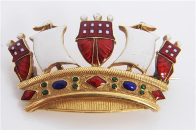 Lot 111 - Late Victorian gold and enamel mural crown brooch with fine enamelled jewelled decoration, 35mm