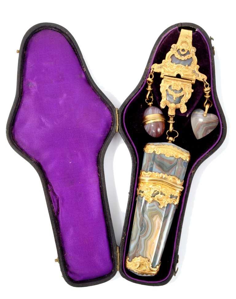 889 - Mid 18th century Continental gilt metal mounted and agate chatelaine