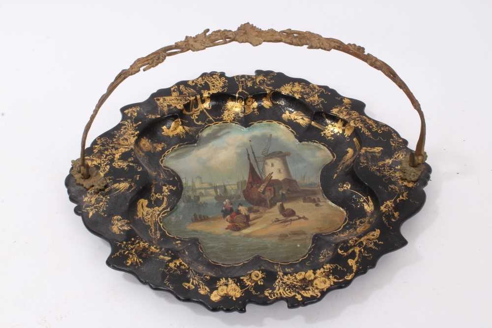 Lot 888 - Victorian papier-mâché plate named Aldborough, with gilt metal swing handle