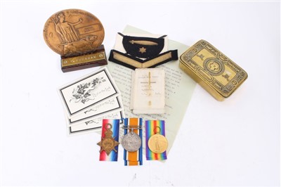 Lot 511 - First World War Memorial (Death) Plaque, named to Victor Bareham together with a 1914 - 15 Star Trio named to J.20193. V. Bareham. A.B. R.N., a Princess Mary Gift Tin, and ephemera