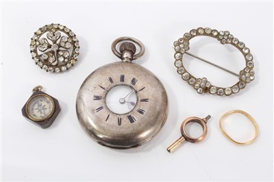 Lot 601 - Swiss silver half hunter pocket watch and other costume jewellery