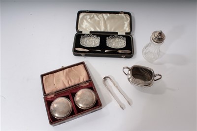 Lot 466 - Mixed group of silver to include a sugar bowl, Georgian sugar tongs and a pair of brushes